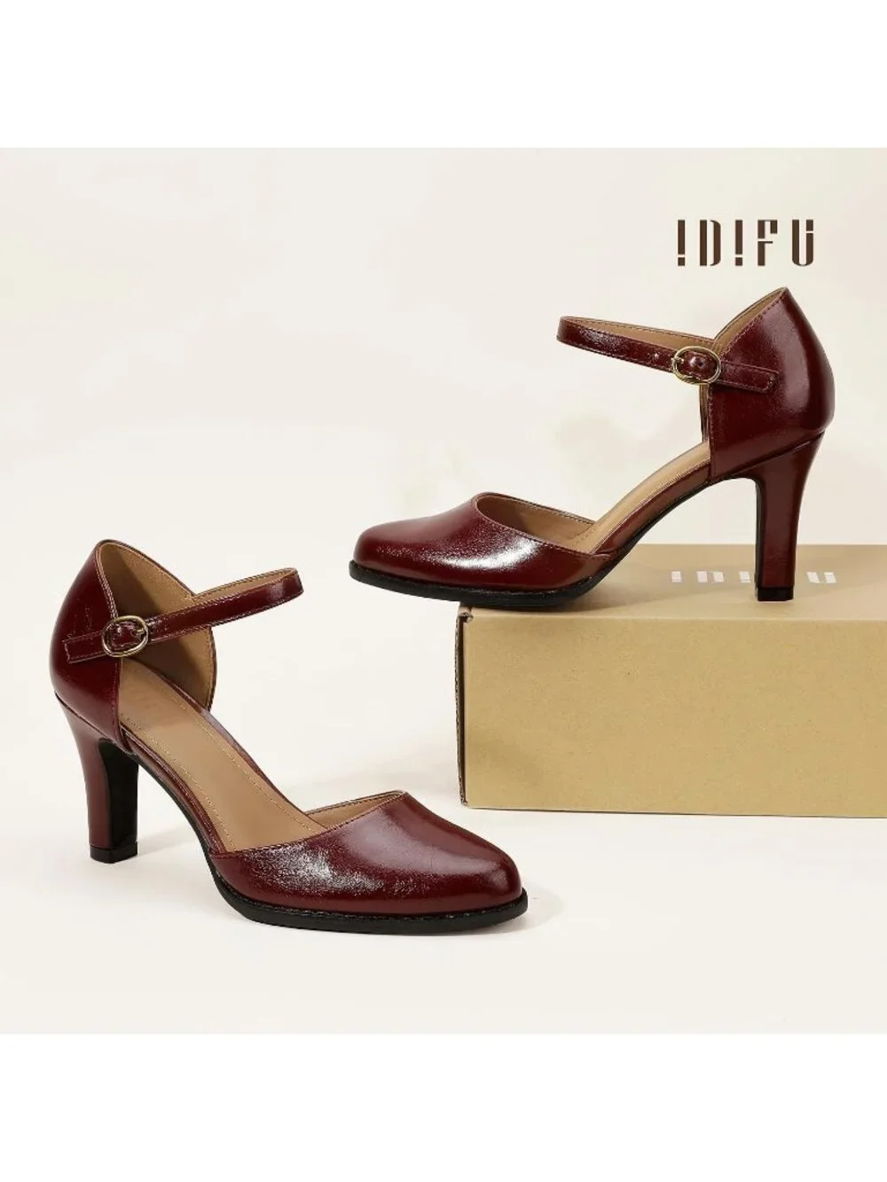 Women's Burgundy Pu Closed Toe Chunky High Heels Comfortable Dress Pumps Shoes